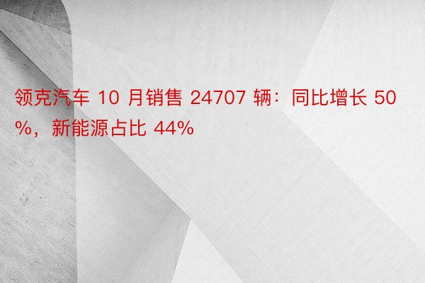 领克汽车 10 月销售 24707 辆：同比增长 50%，新能源占比 44%